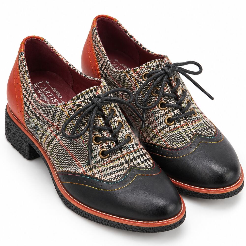L'Artiste Spring Step Plaid Oxford Shoes Women's 37 US 6.5 7 Leather